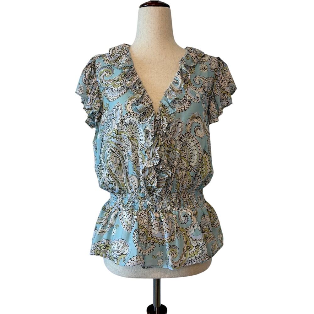 NWOT Parker The Margot Paisley Print Ruffle Top, Blue, Women's Large